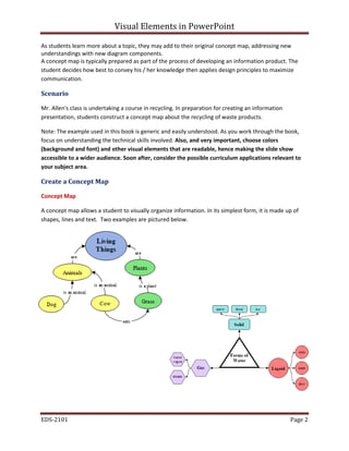Visual Elements in PowerPoint
EDS-2101 Page 2
As students learn more about a topic, they may add to their original concept map, addressing new
understandings with new diagram components.
A concept map is typically prepared as part of the process of developing an information product. The
student decides how best to convey his / her knowledge then applies design principles to maximize
communication.
Scenario
Mr. Allen's class is undertaking a course in recycling. In preparation for creating an information
presentation, students construct a concept map about the recycling of waste products.
Note: The example used in this book is generic and easily understood. As you work through the book,
focus on understanding the technical skills involved. Also, and very important, choose colors
(background and font) and other visual elements that are readable, hence making the slide show
accessible to a wider audience. Soon after, consider the possible curriculum applications relevant to
your subject area.
Create a Concept Map
Concept Map
A concept map allows a student to visually organize information. In its simplest form, it is made up of
shapes, lines and text. Two examples are pictured below.
 