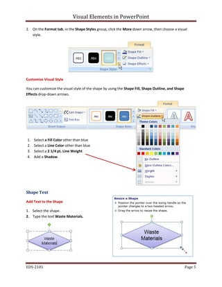 Visual Elements in PowerPoint
EDS-2101 Page 5
2. On the Format tab, in the Shape Styles group, click the More down arrow, then choose a visual
style.
Customize Visual Style
You can customize the visual style of the shape by using the Shape Fill, Shape Outline, and Shape
Effects drop-down arrows.
Shape Text
Add Text to the Shape
1. Select the shape.
2. Type the text Waste Materials.
1. Select a Fill Color other than blue
2. Select a Line Color other than blue
3. Select a 2 1/4 pt. Line Weight
4. Add a Shadow.
 