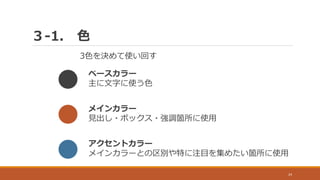 ３-1. 色
24
3色を決めて使い回す
ベースカラー
主に文字に使う色
メインカラー
見出し・ボックス・強調箇所に使用
アクセントカラー
メインカラーとの区別や特に注目を集めたい箇所に使用
 