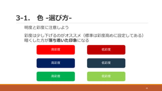3-1. 色 -選び方-
26
明度と彩度に注意しよう
彩度は少し下げるのがオススメ（標準は彩度高めに設定してある）
暗くした方が落ち着いた印象になる
高彩度
高彩度
高彩度
低彩度
低彩度
低彩度
 