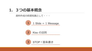1. ３つの基本概念
1 1 Slide = 1 Message
2 Kiss の法則
3 STOP！箇条書き
資料作成の前提知識として・・・
 
