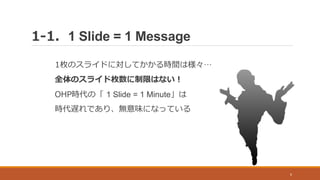 1-1. 1 Slide = 1 Message
6
1枚のスライドに対してかかる時間は様々…
全体のスライド枚数に制限はない！
OHP時代の「 1 Slide = 1 Minute」は
時代遅れであり、無意味になっている
 
