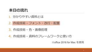 本日の流れ
1. 分かりやすい資料とは
2. 作成技術 - フォント・改行・配置
3. 作成技術 - 色・画像処理
4. 作成技術 - 資料のフレームワークと使い方
※office 2016 for Mac を使用
9
 