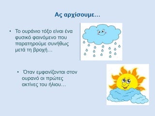 • Το ουράνιο τόξο είναι ένα
φυσικό φαινόμενο που
παρατηρούμε συνήθως
μετά τη βροχή…
• Όταν εμφανίζονται στον
ουρανό οι πρώτες
ακτίνες του ήλιου…
 