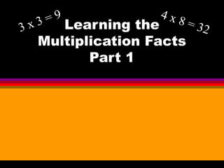 Learning the 
Multiplication Facts 
Part 1 
3 x 3 = 9 
4 x 8 = 32 
 