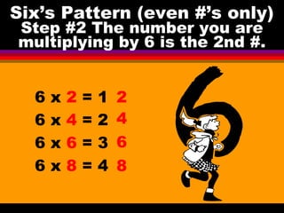 Six’s Pattern (even #’s only) 
Step #2 The number you are 
multiplying by 6 is the 2nd #. 
 6 x 2 = 1 
 6 x 4 = 2 
 6 x 6 = 3 
 6 x 8 = 4 
24 
6 
8 
 