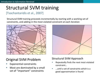 Structural SVM training  [Tsochantaridis et al., 2007] Original SVM Problem Exponential constraints Most are dominated by a small set of “important” constraints Structural SVM Approach Repeatedly finds the next most violated constraint… … until a set of constraints which is a good approximation is found Structural SVM training proceeds incrementally by starting with a working set of constraints, and adding in the most violated constraint at each iteration 