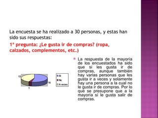La encuesta se ha realizado a 30 personas, y estas han
sido sus respuestas:
1ª pregunta: ¿Le gusta ir de compras? (ropa,
calzados, complementos, etc.)
                                   La respuesta de la mayoría
                                    de los encuestados ha sido
                                    que si les gusta ir de
                                    compras, aunque también
    13                Si            hay varias personas que les
                      No            gusta ir a veces y solamente
                 16
                      A veces       hay una persona a la cual no
         1                          le gusta ir de compras. Por lo
                                    que se presupone que a la
                                    mayoría sí le gusta salir de
                                    compras.
 