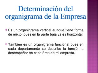  Esun organigrama vertical aunque tiene forma
 de mixto, pues en la parte baja ya es horizontal.

 Tambiénes un organigrama funcional pues en
 cada departamento se describe la función a
 desempeñar en cada área de mi empresa.
 