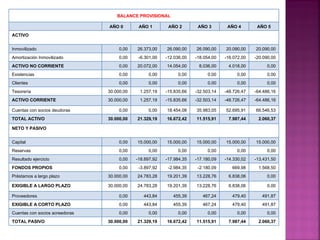 BALANCE PROVISIONAL

                                AÑO 0        AÑO 1        AÑO 2        AÑO 3        AÑO 4        AÑO 5
ACTIVO


Inmovilizado                         0,00   26.373,00    26.090,00    26.090,00    20.090,00    20.090,00
Amortización Inmovilizado            0,00    -6.301,00   -12.036,00   -18.054,00   -16.072,00   -20.090,00
ACTIVO NO CORRIENTE                  0,00   20.072,00    14.054,00     8.036,00     4.018,00         0,00
Existencias                          0,00        0,00         0,00         0,00         0,00         0,00
Clientes                             0,00        0,00         0,00         0,00         0,00         0,00
Tesorería                       30.000,00    1.257,19    -15.835,66   -32.503,14   -48.726,47   -64.486,16
ACTIVO CORRIENTE                30.000,00    1.257,19    -15.835,66   -32.503,14   -48.726,47   -64.486,16

Cuentas con socios deudoras          0,00        0,00    18.454,08    35.983,05    52.695,91    66.546,53
TOTAL ACTIVO                    30.000,00   21.329,19    16.672,42    11.515,91     7.987,44     2.060,37

NETO Y PASIVO


Capital                              0,00   15.000,00    15.000,00    15.000,00    15.000,00    15.000,00
Reservas                             0,00        0,00         0,00         0,00         0,00         0,00
Resultado ejercicio                  0,00   -18.897,92   -17.984,35   -17.180,09   -14.330,02   -13.431,50
FONDOS PROPIOS                       0,00    -3.897,92    -2.984,35    -2.180,09      669,98     1.568,50
Préstamos a largo plazo         30.000,00   24.783,28    19.201,39    13.228,76     6.838,06         0,00

EXIGIBLE A LARGO PLAZO          30.000,00   24.783,28    19.201,39    13.228,76     6.838,06         0,00

Proveedores                          0,00      443,84       455,39       467,24       479,40       491,87
EXIGIBLE A CORTO PLAZO               0,00      443,84       455,39       467,24       479,40       491,87
Cuentas con socios acreedoras        0,00        0,00         0,00         0,00         0,00         0,00
TOTAL PASIVO                    30.000,00   21.329,19    16.672,42    11.515,91     7.987,44     2.060,37
 