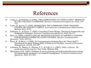 References Cooke, L., & Williams, S. (2004). TWO APPROACHES TO USING CLIENT  PROJECTS  IN THE COLLEGE CLASSROOM.  Business Communication Quarterly ,  67 (2), 139- 152. Curtis, D., & Cox, E. (1989). MARKETING THE COMMUNICATION TRAINING  COURSE ON AND OFF CAMPUS.  Association for Communication Administration  Bulletin , (69), 39-55. Dallimore, E., & Souza, T. (2002). Consulting Course Design: Theoretical Frameworks and  Pedagogical Strategies.  Business Communication Quarterly ,  65 (4), 86-113. Dave, A. (2009). CONSULTING BY BUSINESS COLLEGE ACADEMICS: LESSONS  FOR BUSINESS COMMUNICATION COURSES.  Business Communication  Quarterly ,  72 (3), 329-333. Hines, R., & Basso, J. (2008). Do Communication Students Have the &quot;Write Stuff&quot;?:  Practitioners Evaluate Writing Skills of Entry-Level Workers.  Journal of Promotion  Management ,  14 (3/4), 293-307. Lattimore, D., Baskin, O., Heiman, S. T., & Toth, E. L. (2007).  Public relations: The  profession and the practice . New York: McGraw-Hill. McEachern, R.W. (2001). Problems in service learning and technical/professional writing:  Incorporating the perspective on nonprofit management.  Technical Communication   Quarterly, 10 (2), 211-225. 