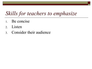 Skills for teachers to emphasize   Be concise  Listen  Consider their audience  