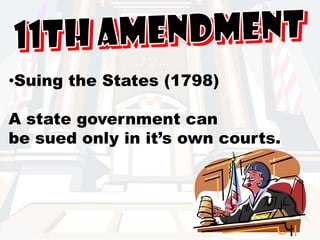11th AmendmentSuing the States (1798)A state government canbe sued only in it’s own courts.