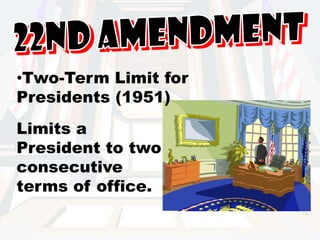 23rd AmendmentPresidential Elections for District of Columbia (1961)People who live in Washington, D.C, have the right to vote for President and Vice President. 
