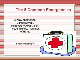 The 5 Common Emergencies

   Airway obstruction,
     Cardiac Arrest,
 Respiratory Arrest, Soft-
Tissue Injuries, Treatment
         of Burns



     By Emily Dothager
 