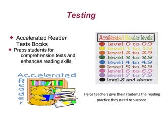 Testing

   Accelerated Reader
    Tests Books
   Preps students for
       comprehension tests and
       enhances reading skills




                                 Helps teachers give their students the reading
                                         practice they need to succeed.
 