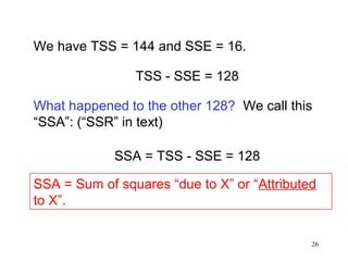 We have TSS = 144 and SSE = 16.
TSS - SSE = 128
What happened to the other 128? We call this
“SSA”: (“SSR” in text)
SSA = TSS - SSE = 128
SSA = Sum of squares “due to X” or “Attributed
to X”.
26

 