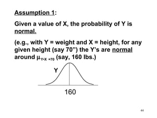 Assumption 1:
Given a value of X, the probability of Y is
normal.
(e.g., with Y = weight and X = height, for any
given height (say 70”) the Y’s are normal
around µ Y•X =70 (say, 160 lbs.)
Y

160
44

 
