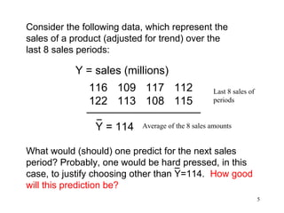 Consider the following data, which represent the
sales of a product (adjusted for trend) over the
last 8 sales periods:

Y = sales (millions)
116 109 117 112
122 113 108 115
Y = 114

Last 8 sales of
periods

Average of the 8 sales amounts

What would (should) one predict for the next sales
period? Probably, one would be hard pressed, in this
case, to justify choosing other than Y=114. How good
will this prediction be?
5

 