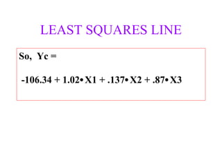 LEAST SQUARES LINE
So, Yc =
-106.34 + 1.02• X1 + .137• X2 + .87• X3

 