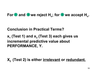 For

1

and

3

we reject Ho; for

2

we accept Ho.

Conclusion in Practical Terms?
x1 (Test 1) and x3 (Test 3) each gives us
incremental predictive value about
PERFORMANCE, Y.

X2 (Test 2) is either irrelevant or redundant.
90

 