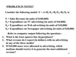 “PROBLEM IN NOTES”
Consider the following model: Y = A+B1•X1+B2•X2+B3•X3+ε
Y = Sales Revenue (in units of $100,000)
X1= Expenditure on TV advertising (in units of $10,000)
X2= Expenditure on Web advertising (in units of $10,000)
X3= Expenditure on Newspaper advertising (in units of $10,000)
Refer to computer output following the questions 1. What is the least squares line (hyperplane)?
2. What revenue do I expect (in dollars) with no advertising
in any of the three media?
3. If $10,000 more were allocated to advertising, which
medium should receive it to generate the most additional
revenue?
92

 