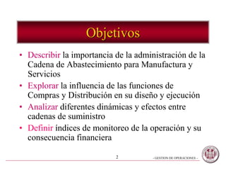 - GESTION DE OPERACIONES –2
Objetivos
• Describir la importancia de la administración de la
Cadena de Abastecimiento para Manufactura y
Servicios
• Explorar la influencia de las funciones de
Compras y Distribución en su diseño y ejecución
• Analizar diferentes dinámicas y efectos entre
cadenas de suministro
• Definir índices de monitoreo de la operación y su
consecuencia financiera
 