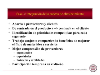 - GESTION DE OPERACIONES –4
Fase 3: integración de la cadena de abastecimiento
• Abarca a proveedores y clientes
• De centrada en el producto a => centrada en el cliente
• Identificación de prioridades competitivas para cada
segmento
• Trabajo conjunto compartiendo beneficios de mejorar
el flujo de materiales y servicios
• Mejor comprensión de proveedores
– organización
– capacidades
– fortalezas y debilidades
• Participación temprana en el diseño
 