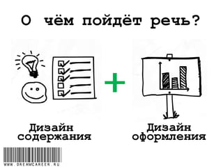 О чём пойдёт речь?
Дизайн
содержания
Дизайн
оформления
www.dreamcareer.ru
 