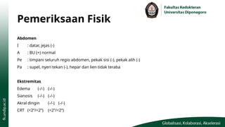 Pemeriksaan Fisik
Abdomen
I : datar, jejas (-)
A : BU (+) normal
Pe : timpani seluruh regio abdomen, pekak sisi (-), pekak alih (-)
Pa : supel, nyeri tekan (-), hepar dan lien tidak teraba
Ekstremitas
Edema (-/-) (-/-)
Sianosis (-/-) (-/-)
Akral dingin (-/-) (-/-)
CRT (<2”/<2”) (<2”/<2”)
 