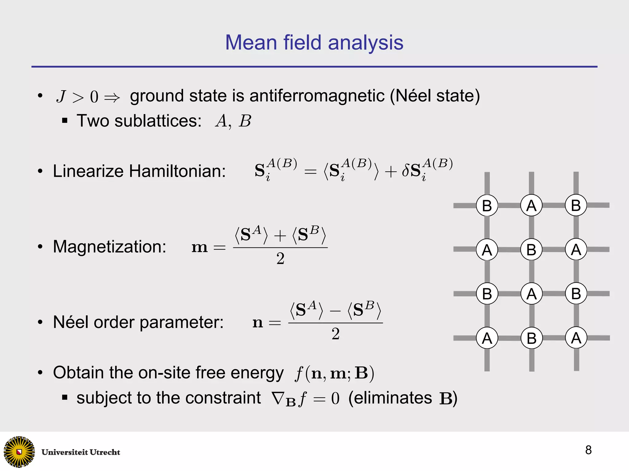 Mean field analysis

• J > 0 ⇒ ground state is antiferromagnetic (Néel state)
    Two sublattices: A, B

                              A(B)       A(B)         A(B)
• Linearize Hamiltonian:     Si      = hSi      i + δSi

                                                             B   A   B
                      hSA i + hSB i
• Magnetization:   m=                                        A   B   A
                            2

                                                             B   A   B
                                     A       B
                                  hS i − hS i
• Néel order parameter:     n=
                                       2                     A   B   A

• Obtain the on-site free energy f (n, m; B)
    subject to the constraint ∇B f = 0 (eliminates B)

                                                                         8
 
