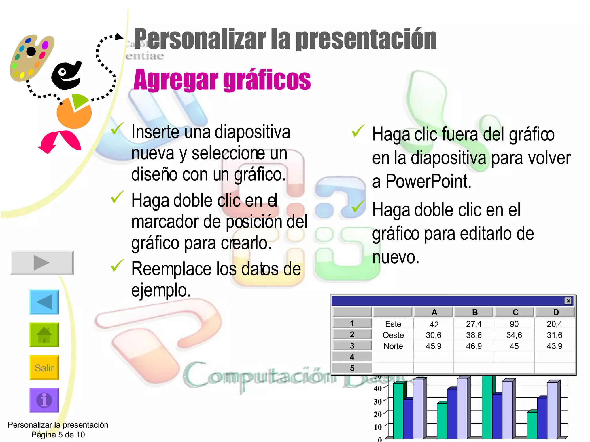 Personalizar la presentación  Agregar gráficos Inserte una diapositiva nueva y seleccione un diseño con un gráfico. Haga doble clic en el marcador de posición del gráfico para crearlo. Reemplace los datos de ejemplo. Haga clic fuera del gráfico en la diapositiva para volver a PowerPoint.  Haga doble clic en el gráfico para editarlo de nuevo. 42 Personalizar la presentación Página 5 de 10 0 10 20 30 40 50 60 70 80 90 x 4 5 3 2 1 A B C D Este Oeste Norte 20,4 27,4 90 20,4 30,6 38,6 34,6 31,6 45,9 46,9 45 43,9 