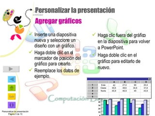 Personalizar la presentación  Agregar gráficos Inserte una diapositiva nueva y seleccione un diseño con un gráfico. Haga doble clic en el marcador de posición del gráfico para crearlo. Reemplace los datos de ejemplo. Haga clic fuera del gráfico en la diapositiva para volver a PowerPoint.  Haga doble clic en el gráfico para editarlo de nuevo. 42 Personalizar la presentación Página 5 de 10 0 10 20 30 40 50 60 70 80 90 x 4 5 3 2 1 A B C D Este Oeste Norte 20,4 27,4 90 20,4 30,6 38,6 34,6 31,6 45,9 46,9 45 43,9 