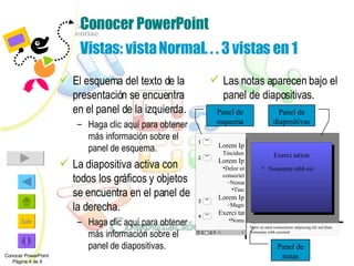 Conocer PowerPoint Vistas: vista Normal. . . 3 vistas en 1 El esquema del texto de la presentación se encuentra en el panel de la izquierda.  Haga clic aquí para obtener más información sobre el panel de esquema. La diapositiva activa con todos los gráficos y objetos se encuentra en el panel de la derecha.  Haga clic aquí para obtener más información sobre el panel de diapositivas. Las notas aparecen bajo el panel de diapositivas. Exerci tation Nonummy nibh eui  Delor sit amet consectetuer adipiscing elit sed diam Nonummy nibh euismod Panel de esquema Panel de diapositivas Panel de notas Conocer PowerPoint  Página 4 de 9 Lorem Ipsum   Tincidunt ut Lorem Ipsum Delor sit amet consectetuer Nonummy nibh euismod Tincidunt ut Lorem Ipsum Magna aliquam Exerci tation Nonummy nibh eui   1 2 4 3 