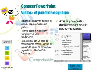 Conocer PowerPoint Vistas:  el panel de esquema El panel de esquema muestra el texto de la presentación sin gráficos. Permite escribir, modificar y reorganizar el texto rápidamente.  Para trabajar con un área de esquema más amplia, cambie el tamaño del panel de esquema o haga clic en el botón Vista Esquema. Arrastre y coloque las diapositivas o las viñetas para reorganizarlas. Atrás Conocer PowerPoint  Página 5 de 9 Botón Vista Esquema Delor sit amet consectetuer adipiscing elit sed diam Nonummy nibh euismod Tincidunt ut Laoreet dolore Magna aliquam Exerci tation ullamcorper suscipit lobortis nisl ut aliquip ex ea com Lorem Ipsum Delor sit amet consectetuer Nonummy nibh eui  Smoo Lorem Ipsum   Tincidunt ut Lorem Ipsum Delor sit amet consectetuer Nonummy nibh euismod Tincidunt ut Lorem Ipsum Magna aliquam Exerci tation   1 2 4 3 