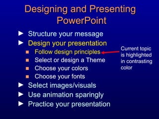 Designing and Presenting  PowerPoint Structure your message Design your presentation Follow design principles Select or design a Theme Choose your colors Choose your fonts Select images/visuals Use animation sparingly Practice your presentation Current topic is highlighted in contrasting color 