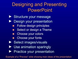 Designing and Presenting  PowerPoint Structure your message Design your presentation Follow design principles Select or design a Theme Choose your colors Choose your fonts Select images/visuals Use animation sparingly Practice your presentation Example of a “Preview” slide showing main ideas of the presentation 