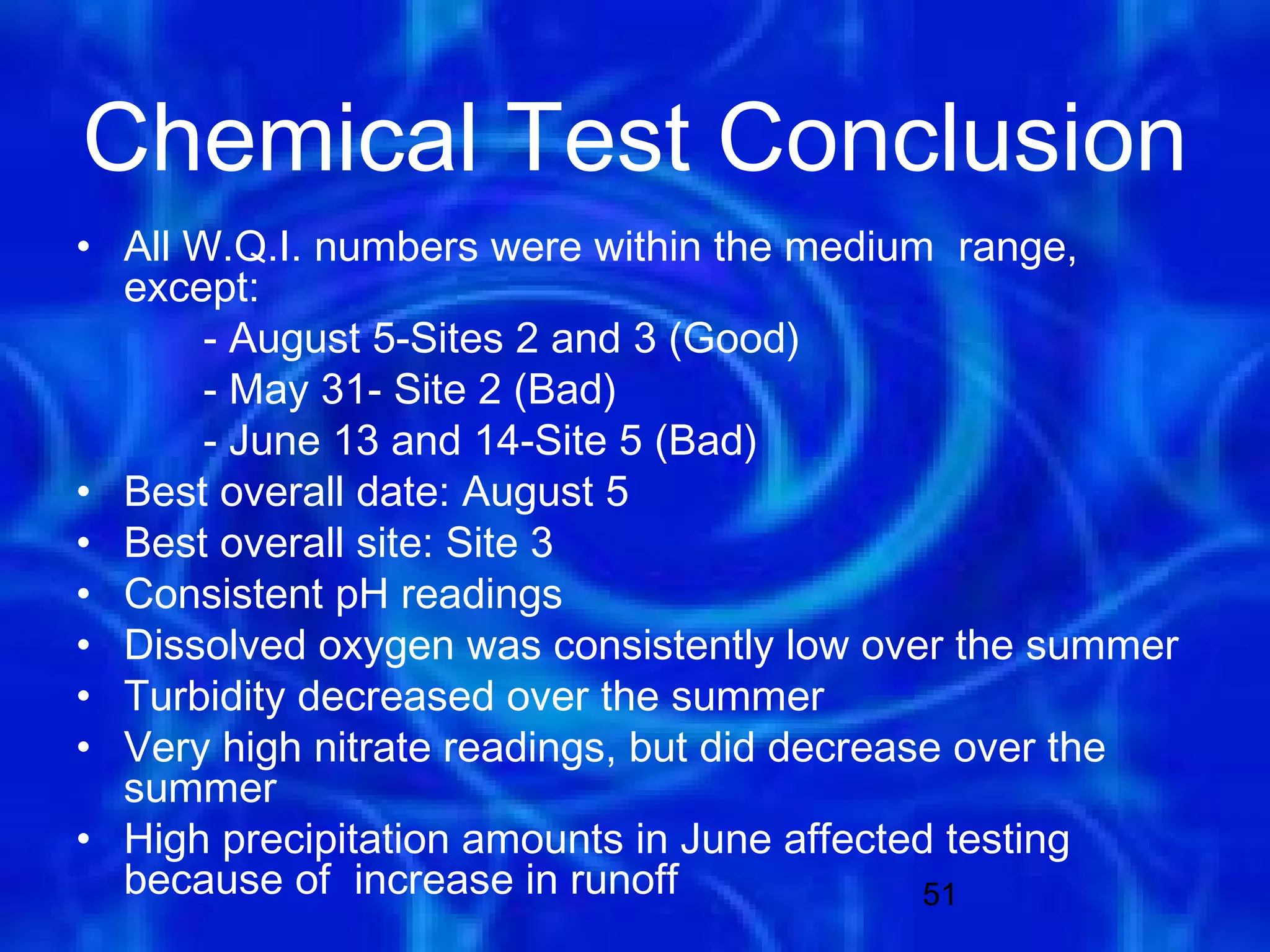 Chemical Test Conclusion
• All W.Q.I. numbers were within the medium range,
  except:
       - August 5-Sites 2 and 3 (Good)
       - May 31- Site 2 (Bad)
       - June 13 and 14-Site 5 (Bad)
• Best overall date: August 5
• Best overall site: Site 3
• Consistent pH readings
• Dissolved oxygen was consistently low over the summer
• Turbidity decreased over the summer
• Very high nitrate readings, but did decrease over the
  summer
• High precipitation amounts in June affected testing
  because of increase in runoff              51
 