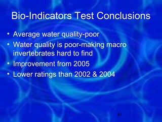 Bio-Indicators Test Conclusions
• Average water quality-poor
• Water quality is poor-making macro
  invertebrates hard to find
• Improvement from 2005
• Lower ratings than 2002 & 2004




                                 61
 