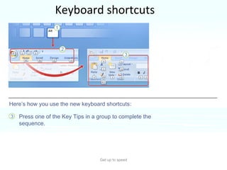 Keyboard shortcuts Get up to speed If you rely on the keyboard more than the mouse when you work in PowerPoint, you’ll want to know that the Ribbon design comes with new shortcuts that have a new name:  Key Tips . Here’s how you use the new keyboard shortcuts: Press one of the Key Tips in a group to complete the sequence.  
