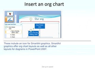 Insert an org chart Get up to speed As you saw earlier, you can insert a picture and other graphics by using icons in the  Title and Content  layout.  These include an icon for SmartArt graphics. SmartArt graphics offer org chart layouts as well as all other layouts for diagrams in PowerPoint 2007. 