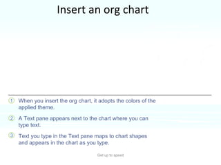 Insert an org chart Get up to speed The picture shows some handy features of working with a new org chart.  When you insert the org chart, it adopts the colors of the applied theme.  A Text pane appears next to the chart where you can type text. Text you type in the Text pane maps to chart shapes and appears in the chart as you type. 