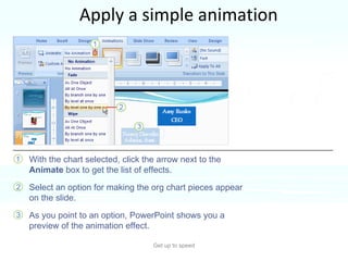 Apply a simple animation Get up to speed To apply a simple animation to your org chart, go to the  Animations  tab.  With the chart selected, click the arrow next to the  Animate  box to get the list of effects.  Select an option for making the org chart pieces appear on the slide.  As you point to an option, PowerPoint shows you a preview of the animation effect.  