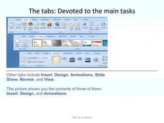 The tabs: Devoted to the main tasks Get up to speed The Ribbon is made up of several  tabs —the  Home  tab and others.  Other tabs include  Insert ,  Design ,  Animations ,  Slide Show ,  Review , and  View . The picture shows you the contents of three of them:  Insert ,  Design , and  Animations . 