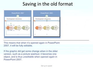Saving in the old format Get up to speed “ Roundtripping” If the graphic is basically untouched by the person working in an older PowerPoint version, it will retain all its PowerPoint 2007 properties.  This means that when it’s opened again in PowerPoint 2007, it will be fully editable. If the graphic did get some change when in the older version, such as a picture washout, it becomes one object, and is thus uneditable when opened again in PowerPoint 2007. 