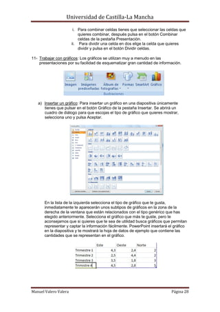 Universidad de Castilla-La Mancha

                        i. Para combinar celdas tienes que seleccionar las celdas que
                           quieres combinar, después pulsa en el botón Combinar
                           celdas de la pestaña Presentación.
                       ii. Para dividir una celda en dos elige la celda que quieres
                           dividir y pulsa en el botón Dividir celdas.

11- Trabajar con gráficos: Los gráficos se utilizan muy a menudo en las
    presentaciones por su facilidad de esquematizar gran cantidad de información.




   a) Insertar un gráfico: Para insertar un gráfico en una diapositiva únicamente
      tienes que pulsar en el botón Gráfico de la pestaña Insertar. Se abrirá un
      cuadro de diálogo para que escojas el tipo de gráfico que quieres mostrar,
      selecciona uno y pulsa Aceptar.




       En la lista de la izquierda selecciona el tipo de gráfico que te gusta,
       inmediatamente te aparecerán unos subtipos de gráficos en la zona de la
       derecha de la ventana que están relacionados con el tipo genérico que has
       elegido anteriormente. Selecciona el gráfico que más te guste, pero te
       aconsejamos que si quieres que te sea de utilidad busca gráficos que permitan
       representar y captar la información fácilmente. PowerPoint insertará el gráfico
       en la diapositiva y te mostrará la hoja de datos de ejemplo que contiene las
       cantidades que se representan en el gráfico.




Manuel Valero Valera                                                         Página 28
 