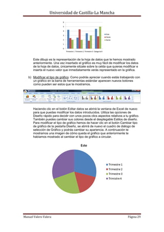Universidad de Castilla-La Mancha




       Este dibujo es la representación de la hoja de datos que te hemos mostrado
       anteriormente. Una vez insertado el gráfico es muy fácil de modificar los datos
       de la hoja de datos, únicamente sitúate sobre la celda que quieras modificar e
       inserta el nuevo valor que inmediatamente verás representado en la gráfica.

   b) Modificar el tipo de gráfico: Como podrás apreciar cuando estás trabajando con
      un gráfico en la barra de herramientas estándar aparecen nuevos botones
      como pueden ser estos que te mostramos.




      Haciendo clic en el botón Editar datos se abrirá la ventana de Excel de nuevo
      para que puedas modificar los datos introducidos. Utiliza las opciones de
      Diseño rápido para decidir con unos pocos clics aspectos relativos a tu gráfico.
      También puedes cambiar sus colores desde el desplegable Estilos de diseño.
      Para modificar el tipo de gráfico hemos de hacer clic en el botón Cambiar tipo
      de gráfico de la pestaña Diseño, se abrirá de nuevo el cuadro de diálogo de
      selección de Gráfico y podrás cambiar su apariencia. A continuación te
      mostramos una imagen de cómo queda el gráfico que anteriormente te
      habíamos mostrado al cambiar el tipo de gráfico a circular.




Manuel Valero Valera                                                          Página 29
 