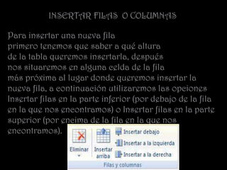 INSERTAR FILAS O COLUMNAS

Para insertar una nueva fila
primero tenemos que saber a qué altura
de la tabla queremos insertarla, después
nos situaremos en alguna celda de la fila
más próxima al lugar donde queremos insertar la
nueva fila, a continuación utilizaremos las opciones
Insertar filas en la parte inferior (por debajo de la fila
en la que nos encontramos) o Insertar filas en la parte
superior (por encima de la fila en la que nos
encontramos).
 