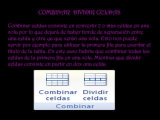 COMBINAR DIVIDIR CELDAS

Combinar celdas consiste en convertir 2 o más celdas en una
sola por lo que dejará de haber borde de separación entre
una celda y otra ya que serán una sola. Esto nos puede
servir por ejemplo para utilizar la primera fila para escribir el
título de la tabla. En este caso habría que combinar todas las
celdas de la primera fila en una sola. Mientras que dividir
celdas consiste en partir en dos una celda
 