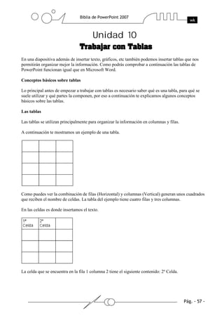 Unidad 10
En una diapositiva además de insertar texto, gráficos, etc también podemos insertar tablas que nos
permitirán organizar mejor la información. Como podrás comprobar a continuación las tablas de
PowerPoint funcionan igual que en Microsoft Word.
Conceptos básicos sobre tablas
Lo principal antes de empezar a trabajar con tablas es necesario saber qué es una tabla, para qué se
suele utilizar y qué partes la componen, por eso a continuación te explicamos algunos conceptos
básicos sobre las tablas.
Las tablas
Las tablas se utilizan principalmente para organizar la información en columnas y filas.
A continuación te mostramos un ejemplo de una tabla.
Como puedes ver la combinación de filas (Horizontal) y columnas (Vertical) generan unos cuadrados
que reciben el nombre de celdas. La tabla del ejemplo tiene cuatro filas y tres columnas.
En las celdas es donde insertamos el texto.
La celda que se encuentra en la fila 1 columna 2 tiene el siguiente contenido: 2º Celda.
 